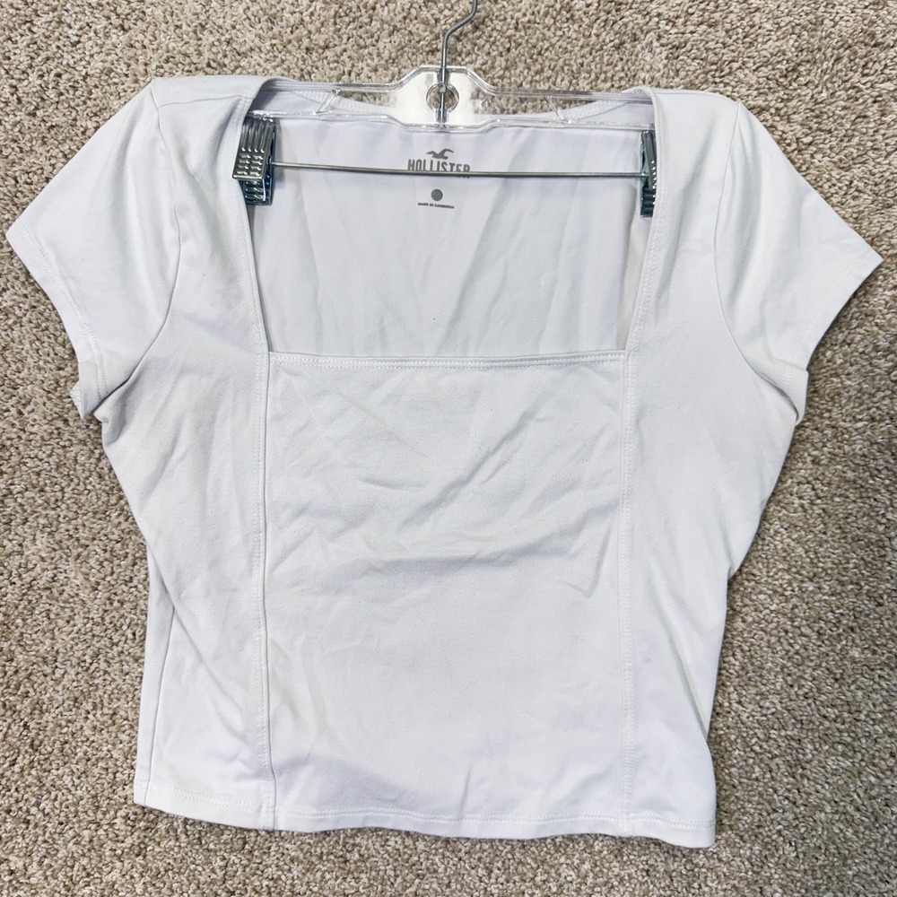 Hollister Top Women Medium Square Neck White Cropped Short Sleeve EUC